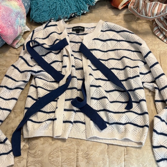 Agua Bendita Sweaters - Agua Bendita White & Navy Striped Tie-Front Cardigan